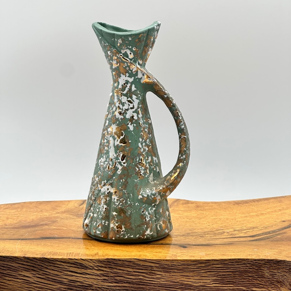 Mid Century Modern Teal Gold Splatter Ceramic Pitcher Ewer Vase MCM 7.5"
